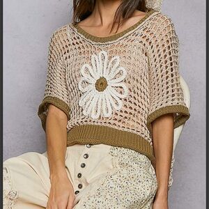 POL Daisy Flower Open Knit Crochet Sweater
